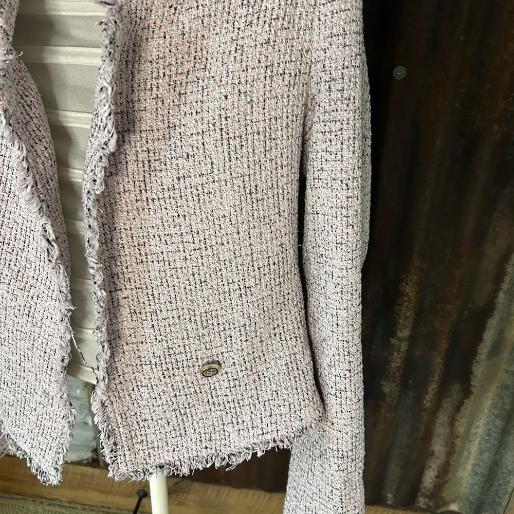Sugar + Lipz Tweed Fringe Jacket- Pink- Open Front - Picture 5 of 10
